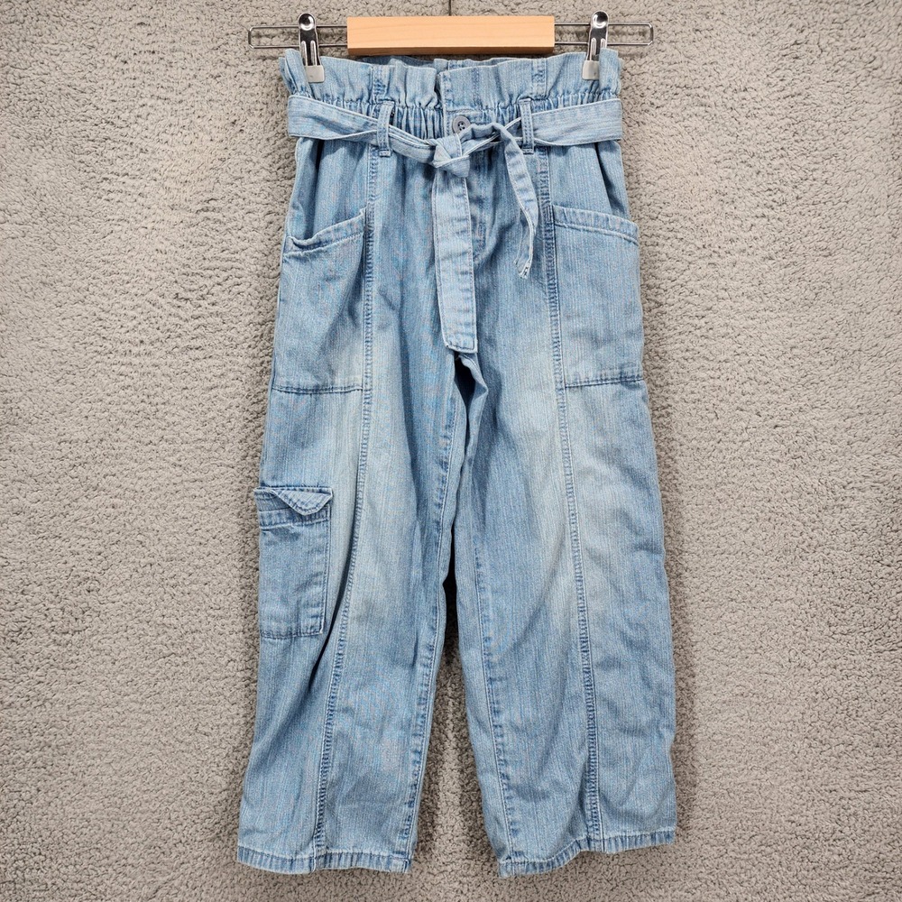 OshKosh Bgosh Girls Light Wash Paperbag Cargo Jeans Size 8 Elastic Waist Belted